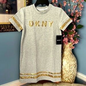 Brand New DKNY Gray Short Sleeve Sweatshirt Dress Gold Sequins Preppy Sporty